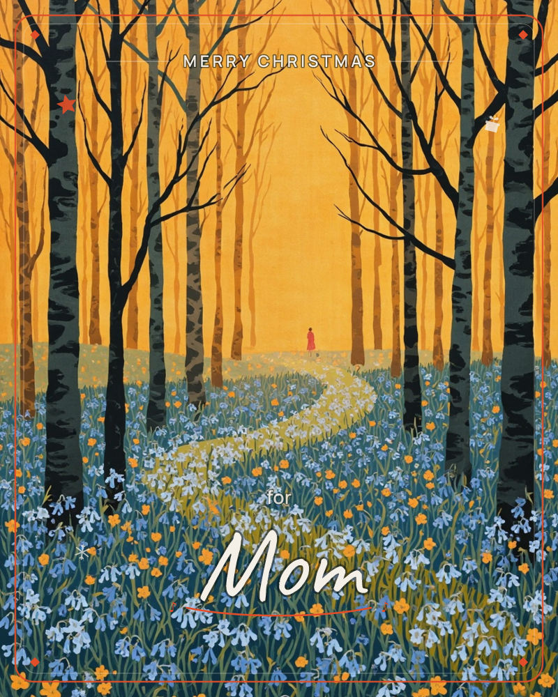 A winding path cuts through a bluebell wood, its edges thick with pale blue blooms and small orange flowers, while bare-branched trees line the way…, a christmas e-card design
