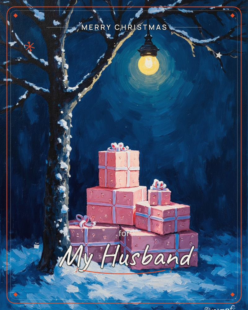 A stack of pink and dusty-mauve gift boxes tied with pale ribbons sits beneath a bare, snow-dusted tree at night, a christmas e-card design
