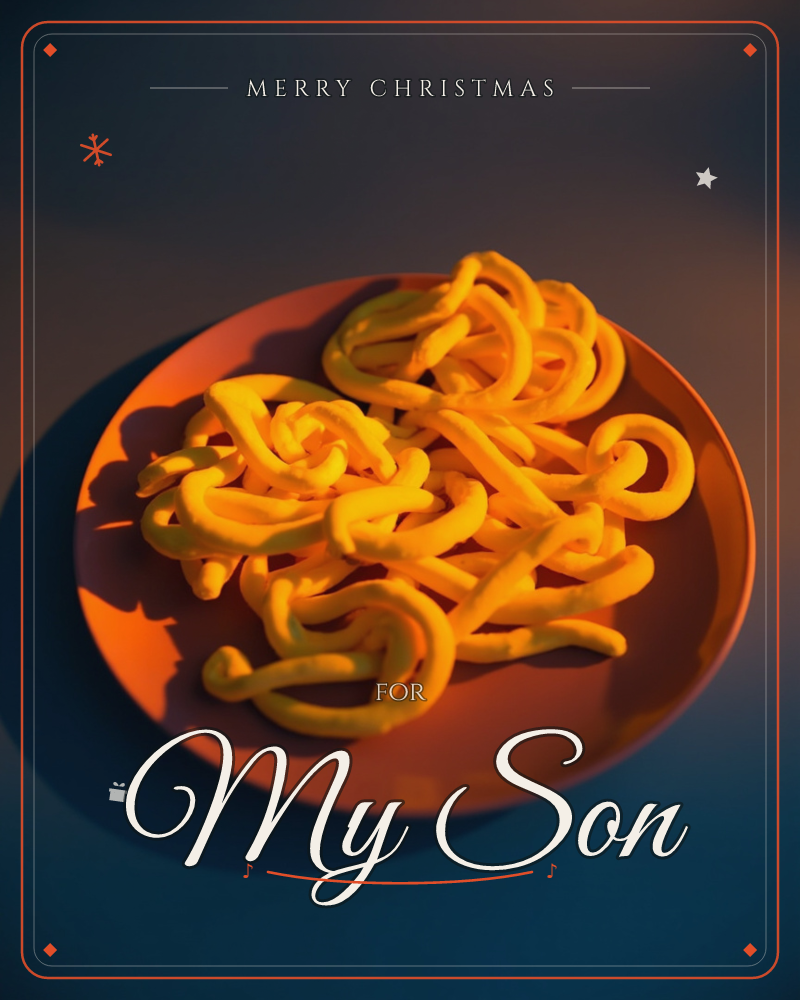 A terracotta plate holds a tangle of glossy yellow curls, like pasta or piped noodles twisted into loops and swirls, a christmas e-card design