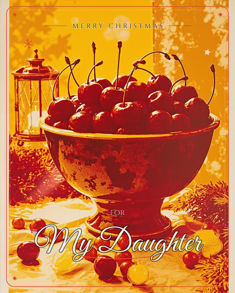 A rustic pedestal bowl overflows with glossy cherries, stems standing upright, set against a warm golden backdrop with dappled leaf shadows, a christmas e-card design