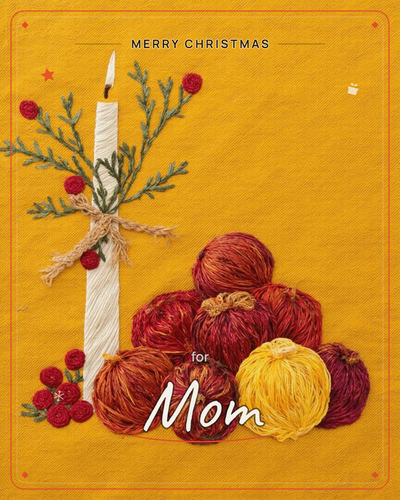 An embroidered illustration on mustard-yellow fabric shows a lit white candle wrapped in twine, tucked with sprigs of greenery and tiny red berries…, a christmas e-card design