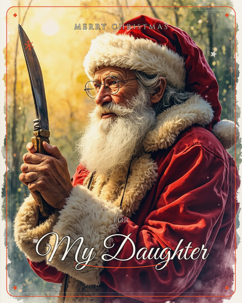 A watercolour portrait of a white-bearded man in a red fur-trimmed Santa coat and hat, round wire glasses catching the light, gripping a large curved…, a christmas e-card design
