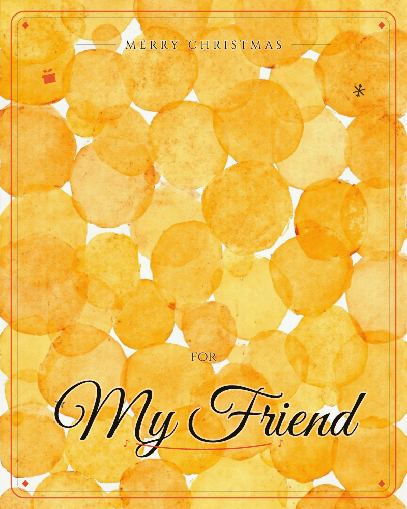 A dense field of overlapping watercolour circles fills the page in shades of amber and marigold, each blob translucent enough to show the ones beneath it, a christmas e-card design