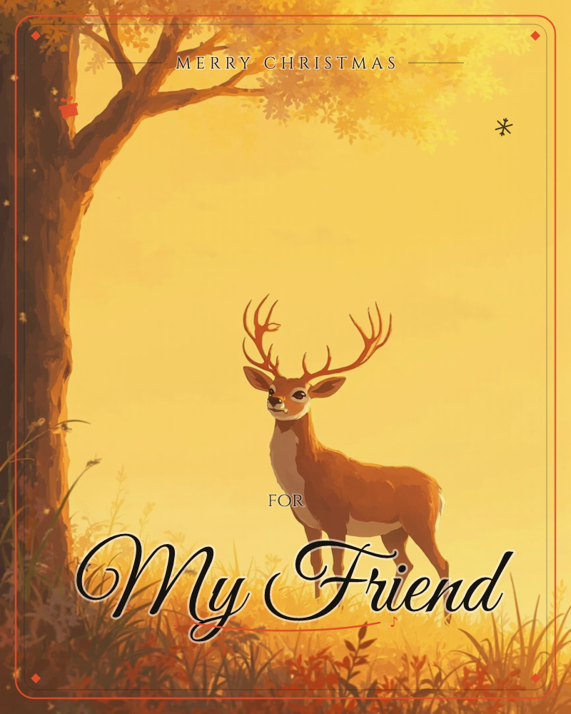 A antlered stag stands beneath a golden-leafed tree, bathed in warm amber light with tiny fireflies drifting through the air, a christmas e-card design