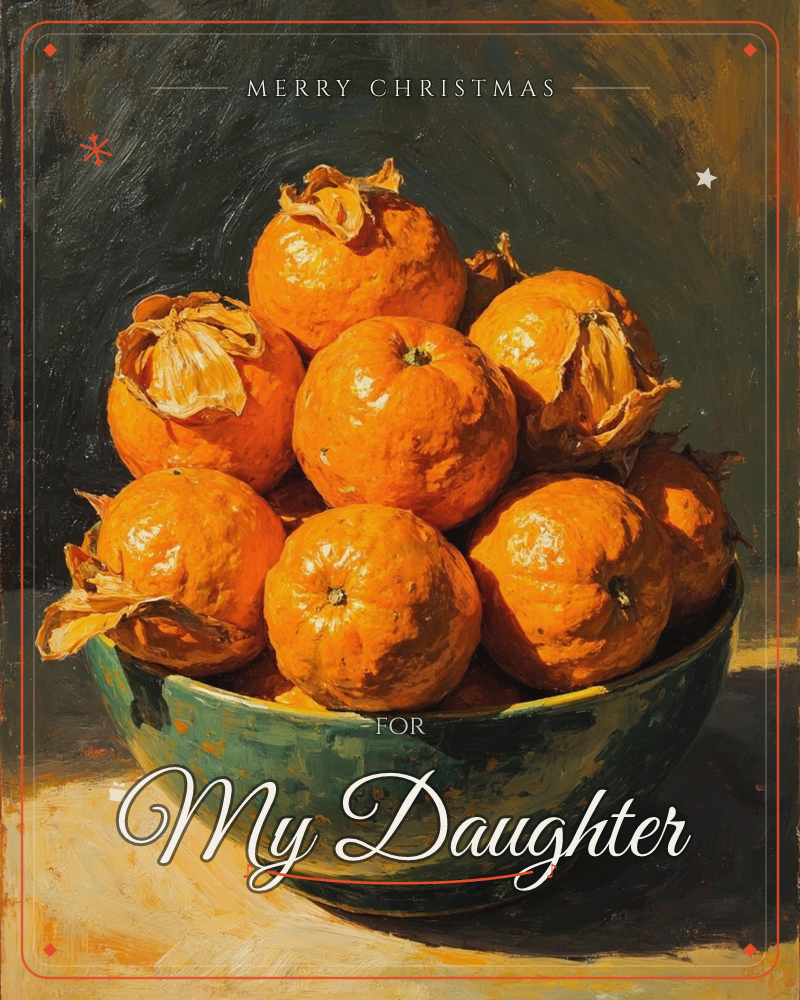 A weathered green ceramic bowl overflows with a heaping mound of tangerines, some still wrapped in curling dried tissue paper, a christmas e-card design