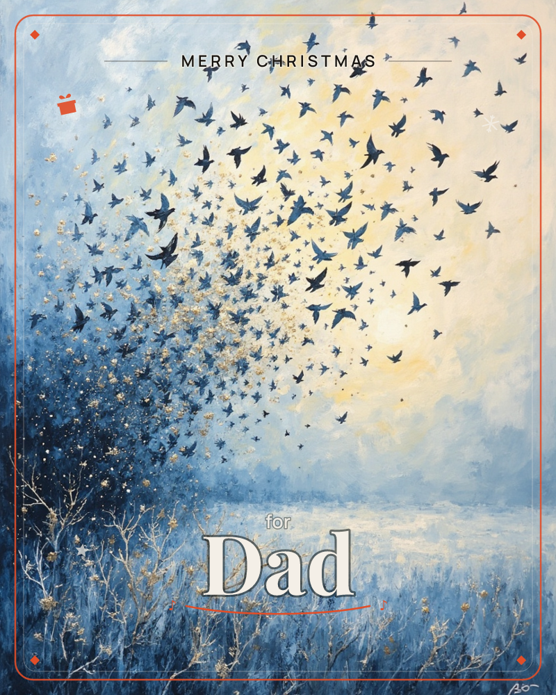 A vast flock of dark birds swirls upward from bare wintry branches into a glowing pale sky, scattered with flecks of gold light like drifting sparks, a christmas e-card design