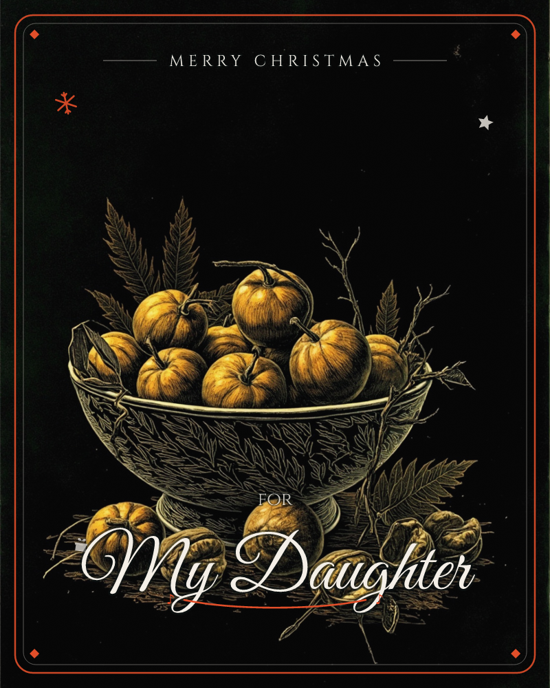A carved bowl sits against pure black, heaped with small golden orange pumpkins and etched fern fronds, a christmas e-card design