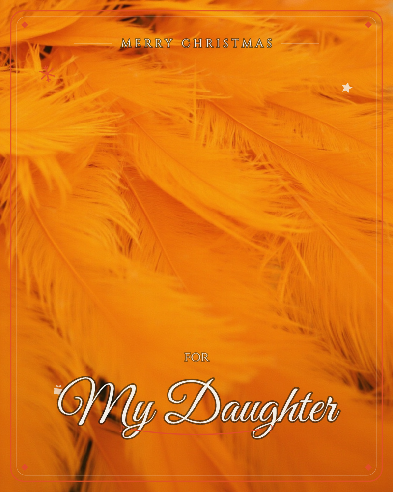 A close-up of vivid orange feathers layered densely over one another, their soft barbs catching a warm, even light, a christmas e-card design