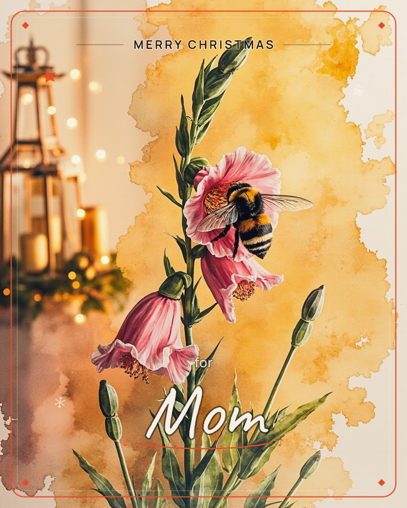 A tall stem of pink foxglove blooms takes centre stage, its bell-shaped flowers open and nodding while a fuzzy bumblebee lands on the largest blossom, a christmas e-card design