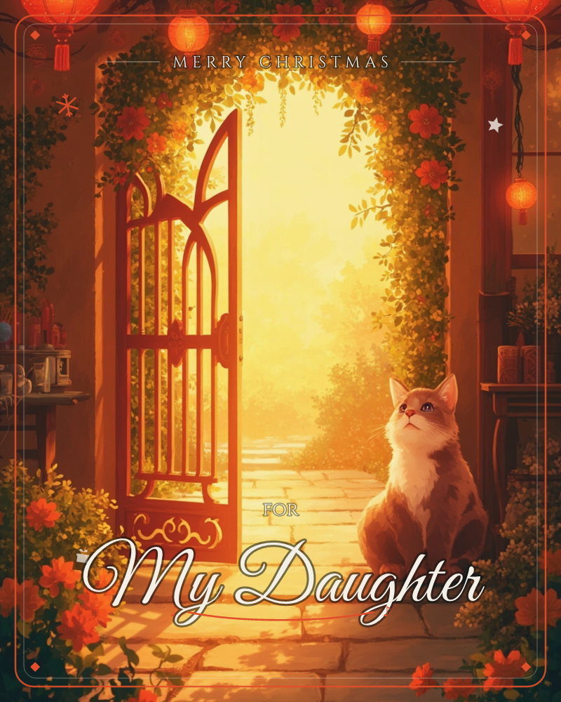 A cat sits on a stone path before an open iron gate wreathed in flowering vines, gazing up toward the golden light spilling through the archway, a christmas e-card design