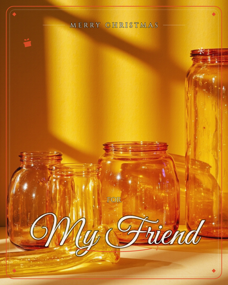 A row of amber glass jars stands against a golden wall, sunlight streaming through unseen blinds to cast long bar-shaped shadows behind them, a christmas e-card design