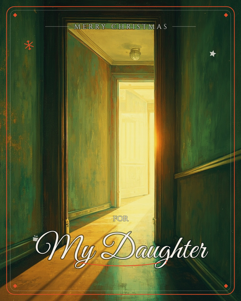 A shadowed hallway with weathered green walls opens onto a doorway flooded with golden light, a distant open door letting in a low, warm sun, a christmas e-card design