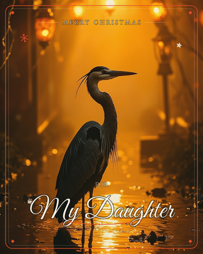 A great blue heron stands motionless in shallow water, its sharp profile lit by a warm amber glow from hanging lanterns behind it, a christmas e-card design