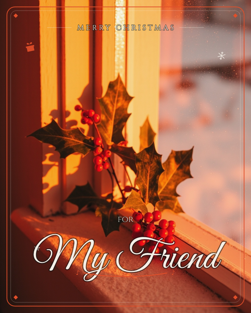 A sprig of holly with glossy green leaves and clusters of red berries rests on a wooden windowsill, lit by warm golden sunset light, a christmas e-card design