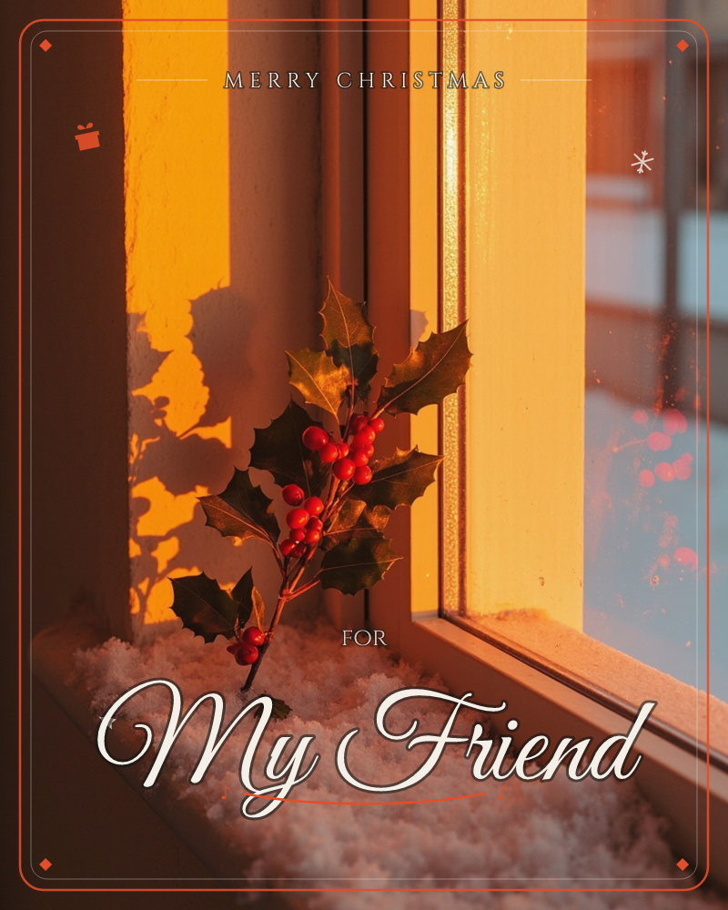A sprig of holly with dark glossy leaves and bright red berries rests in a drift of snow on a windowsill, lit by low golden sunlight streaming through…, a christmas e-card design