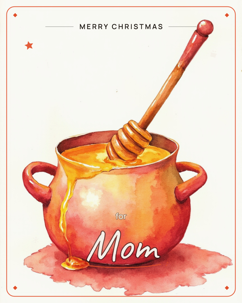 A round, two-handled honey pot glows amber and rose against a plain cream background, its glaze rendered in loose watercolour washes, a christmas e-card design