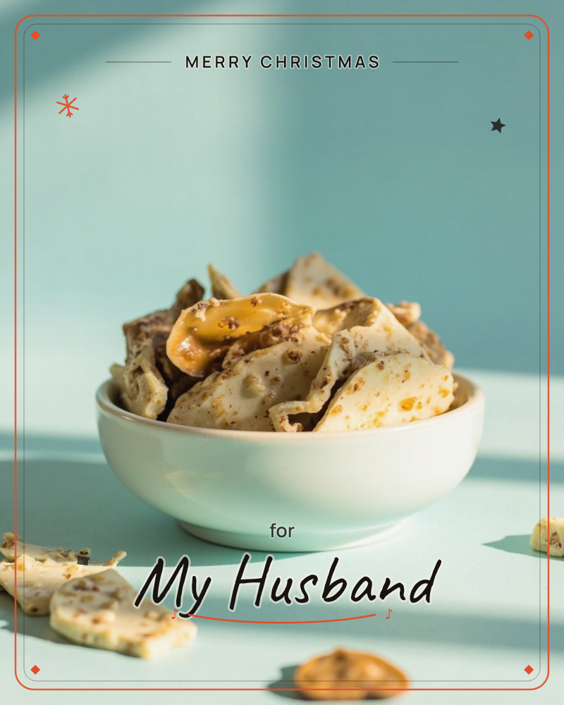 A small white bowl sits piled high with speckled seed-and-nut bark, a few broken pieces scattered on the pale teal surface around it, a christmas e-card design