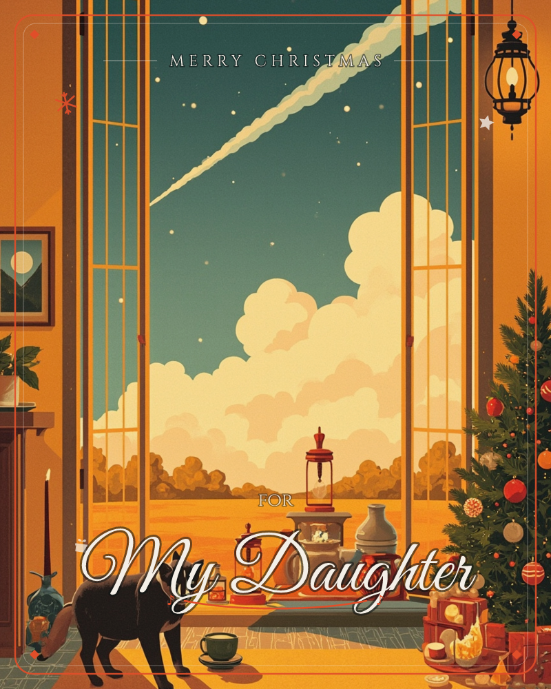 A black cat pads across a warm amber room where tall glass doors stand open to a starry dusk sky streaked by a comet, with rolling fields glowing beyond, a christmas e-card design