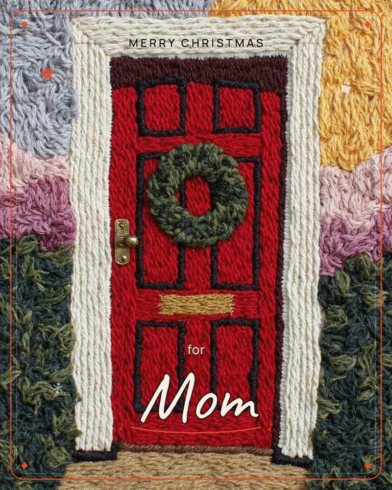 A cosy red front door with a cream frame stands framed by dark green shrubs, its panels stitched in thick woollen yarn with a small green wreath hung…, a christmas e-card design