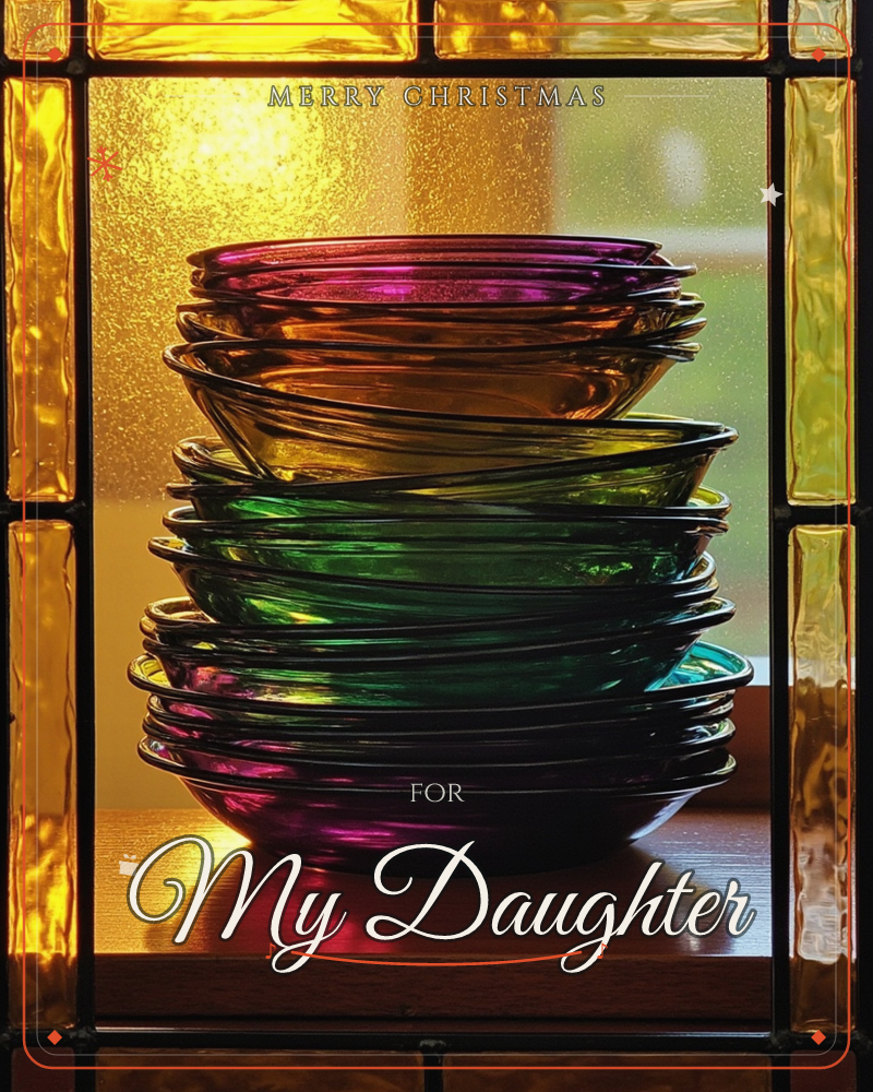 A tall stack of jewel-toned glass bowls sits on a wooden ledge, backlit by golden light streaming through an amber stained-glass window frame, a christmas e-card design