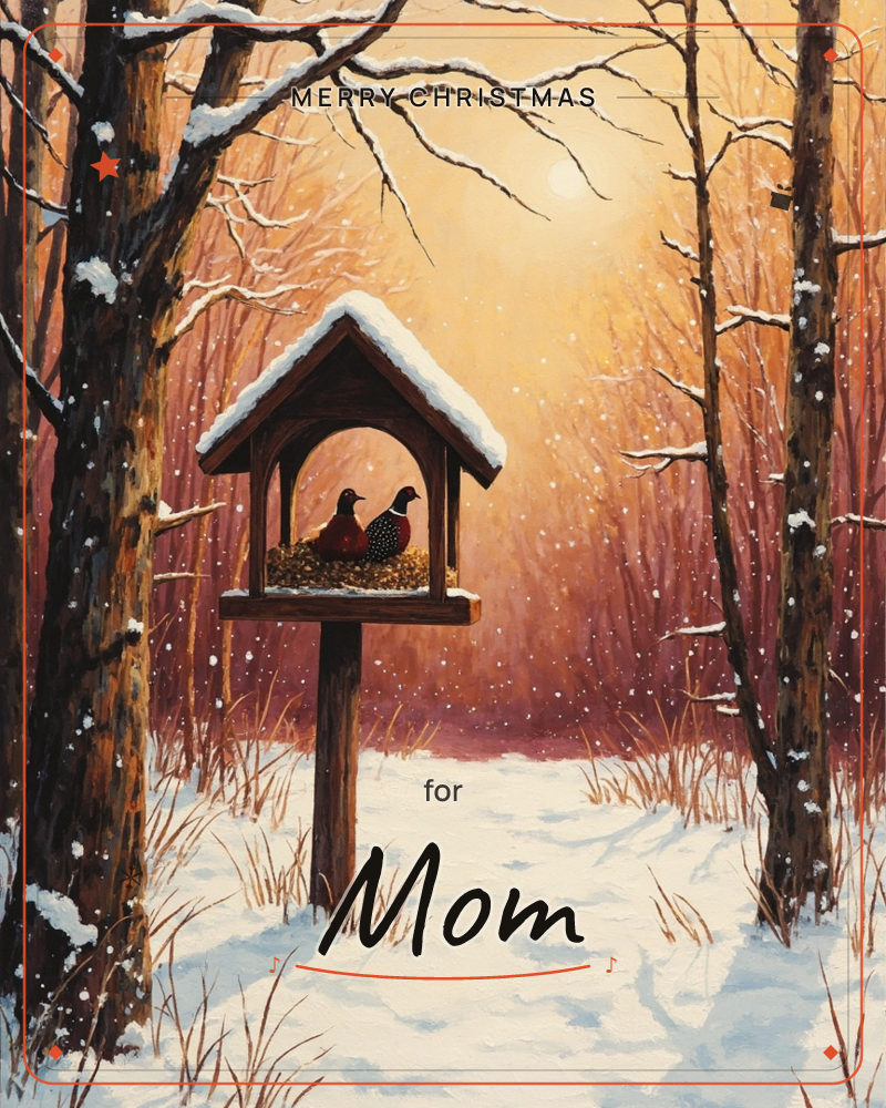 A wooden bird feeder topped with snow stands in a quiet winter woodland, its little roof sheltering two speckled birds pecking at scattered seed, a christmas e-card design