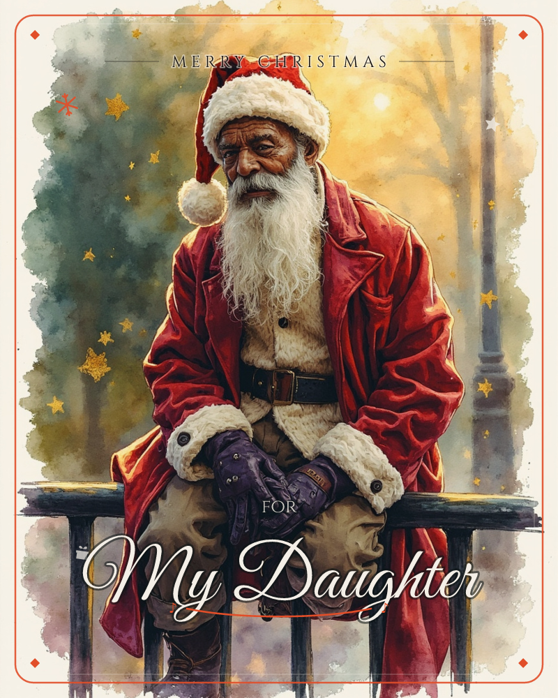 A weathered Santa in a long red fur-trimmed coat sits perched on a park railing, gloved hands resting together, his long white beard catching the…, a christmas e-card design