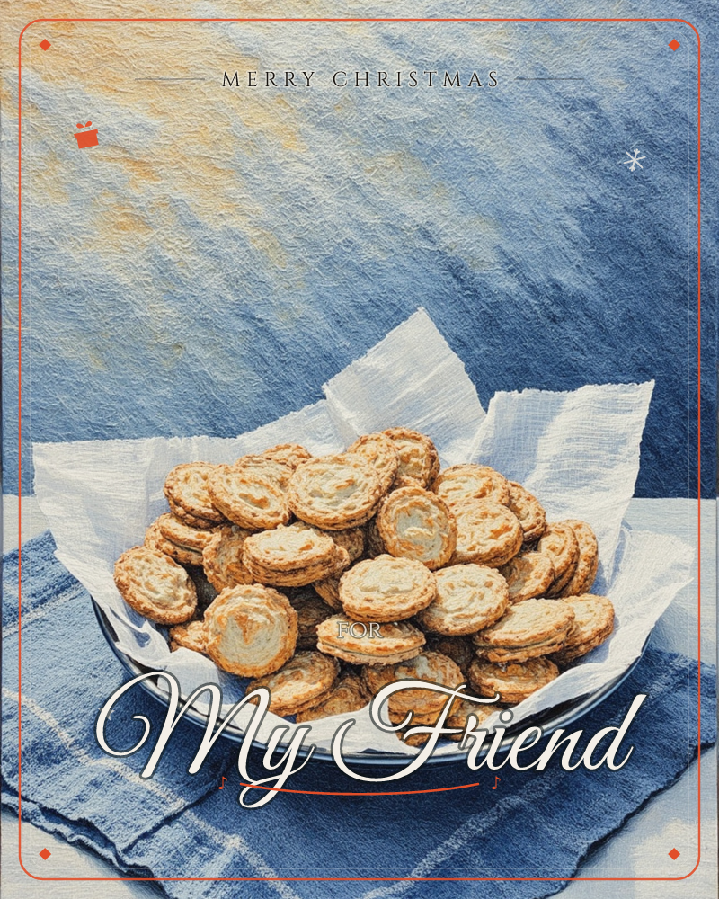 A heaped plate of round, golden-brown biscuits sits nestled in crinkled white paper, resting on a deep indigo cloth, a christmas e-card design