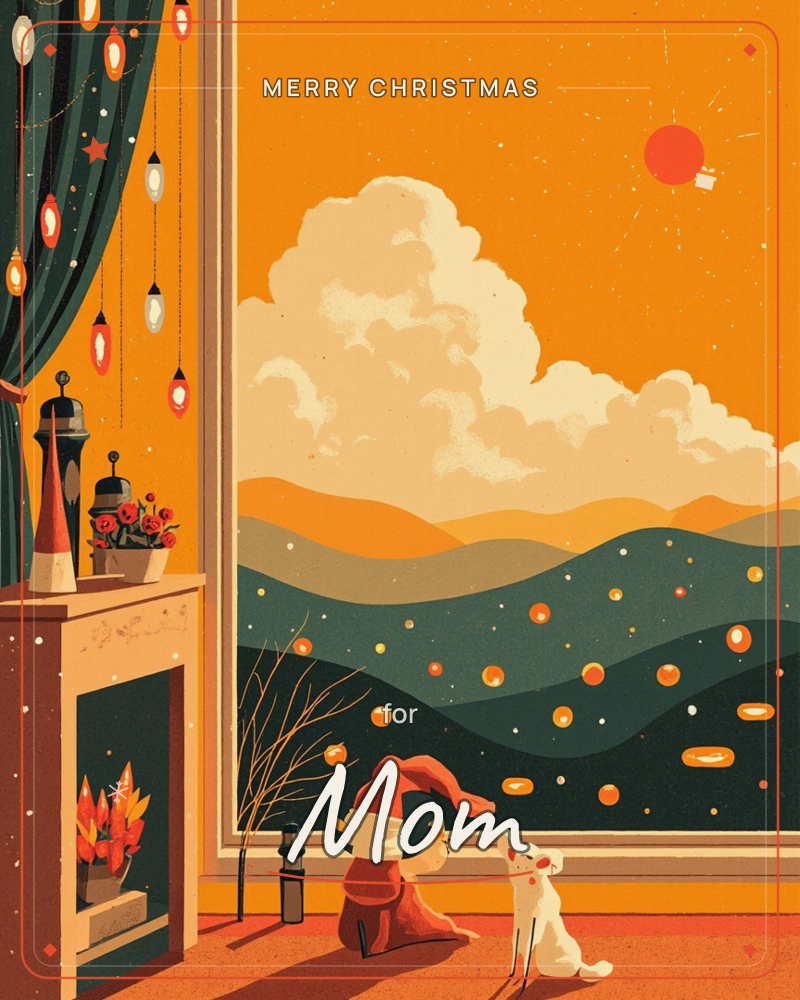 A small figure in a red hooded cloak sits beside a white cat, both gazing out a tall window at a glowing orange sky over layered teal hills scattered…, a christmas e-card design