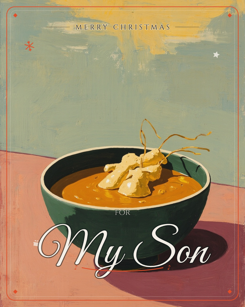 A dark green ceramic bowl sits on a dusty pink tabletop, filled with a rich orange-red broth and topped with a pale ginger-like root trailing thin…, a christmas e-card design