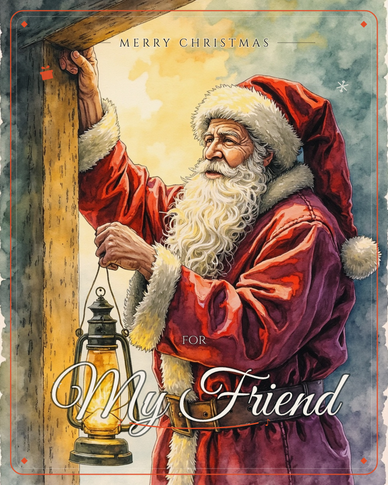 Santa Claus stands framed in a wooden doorway, one hand braced on the beam above and the other raising a glowing lantern into the night, a christmas e-card design