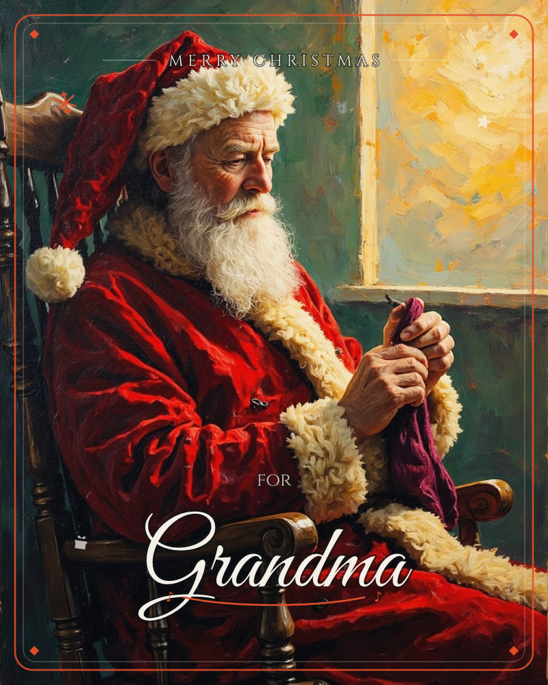 Santa sits alone in a wooden rocking chair beside a glowing window, quietly mending a dark purple sock in his lap, a christmas e-card design