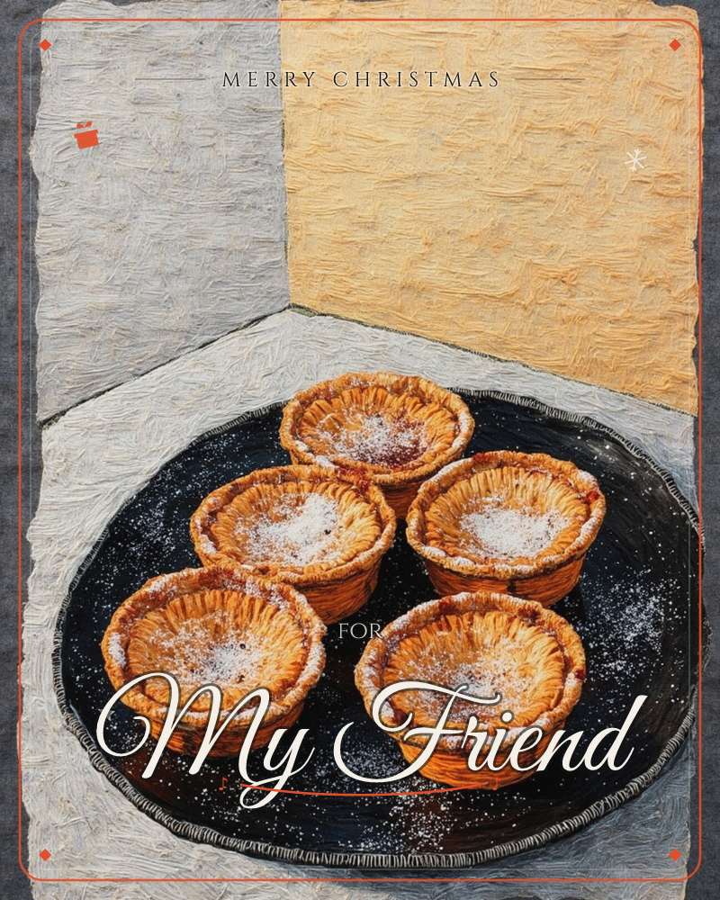 A dark round plate holds five golden pastry tarts dusted with icing sugar, set against a backdrop split between soft grey and warm mustard yellow, a christmas e-card design