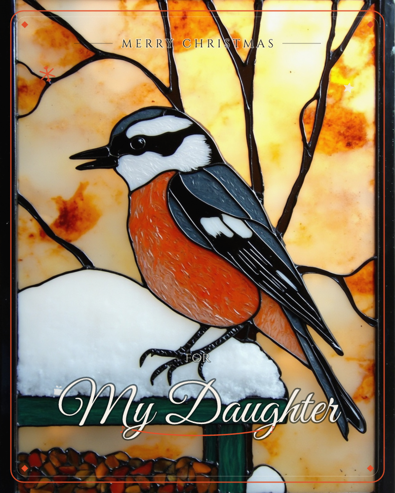 A stained-glass style panel shows a black-capped bird with a rust-orange breast perched on a snow-covered feeder ledge, bare branches crossing a…, a christmas e-card design