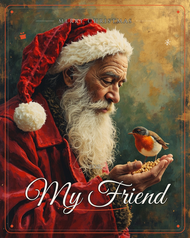 An elderly man in a red Santa hat and fur-trimmed coat leans close to a small robin perched on his open palm, offering it a handful of seed, a christmas e-card design