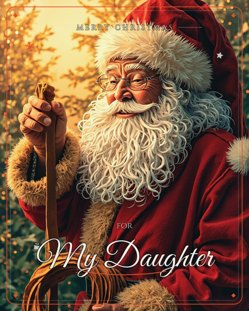 A close-up portrait of Santa Claus in his red fur-trimmed coat, round spectacles catching the light as he looks down with a gentle smile, holding a…, a christmas e-card design