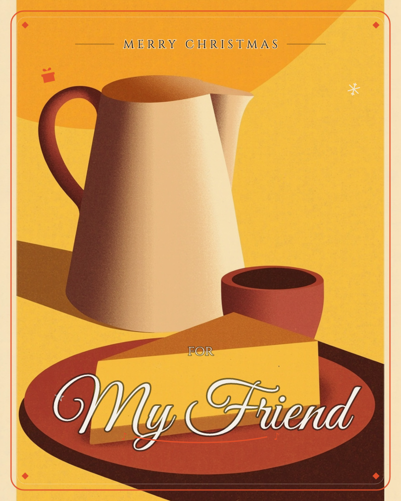 A still life of a cream jug, a small terracotta cup and a wedge of cake on a rust-red plate, all set against warm graduated shades of yellow and gold, a christmas e-card design