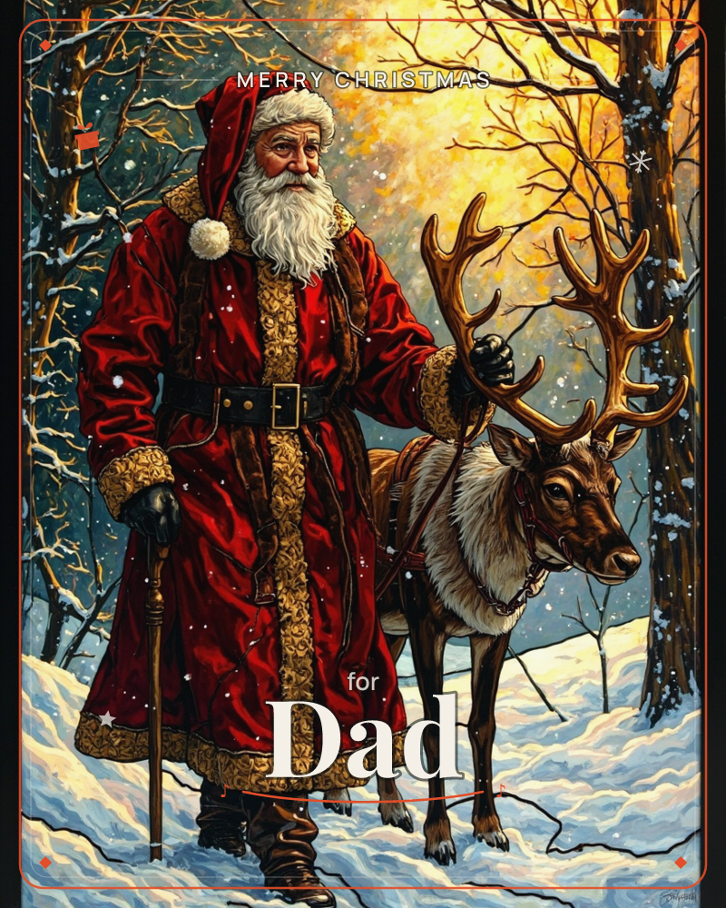 A robed, white-bearded figure in a deep red, fur-trimmed coat stands in a snowy forest, one hand resting on the antlers of a harnessed reindeer beside him, a christmas e-card design