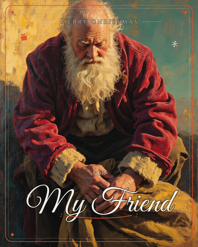 An elderly man with a long white beard sits leaning forward, hands clasped together over his knee, wearing a deep red velvet coat with worn cream cuffs, a christmas e-card design