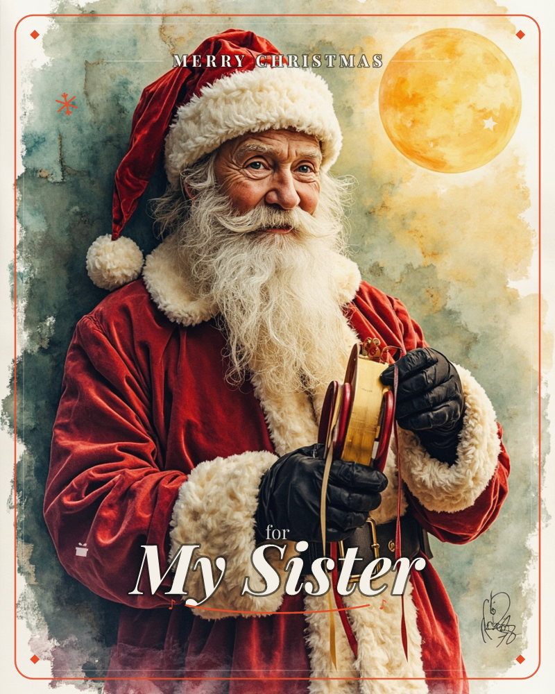 A watercolour portrait of Santa Claus in his red velvet coat and fur-trimmed cap, holding a small gilded gift box tied with ribbon, a christmas e-card design