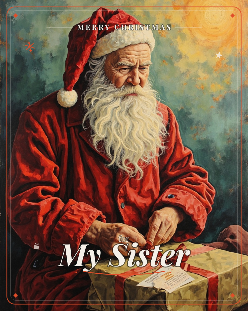 A painted Santa in a deep red coat and cap leans over a wrapped gift, carefully tying a red ribbon into a bow, a christmas e-card design