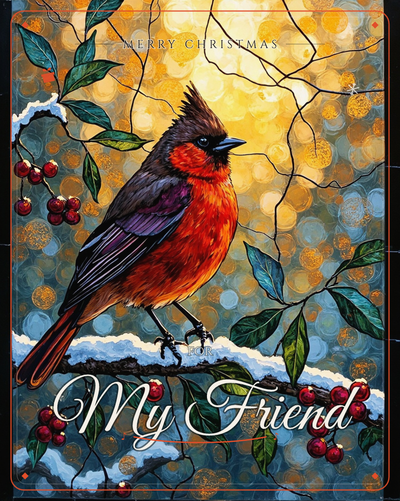 A cardinal with a fiery orange breast and deep purple wings perches on a snow-dusted branch strung with red winter berries and glossy leaves, a christmas e-card design