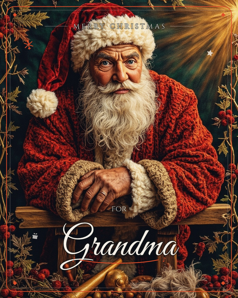 A richly detailed painting shows Santa leaning on a wooden fence, his knitted red coat and fur-trimmed cap glowing against a deep green backdrop lit by…, a christmas e-card design