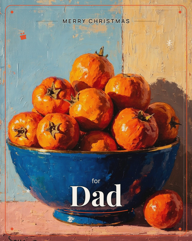 A deep blue bowl overflows with ripe orange tomatoes, one having rolled loose onto the pale pink tabletop beside it, a christmas e-card design