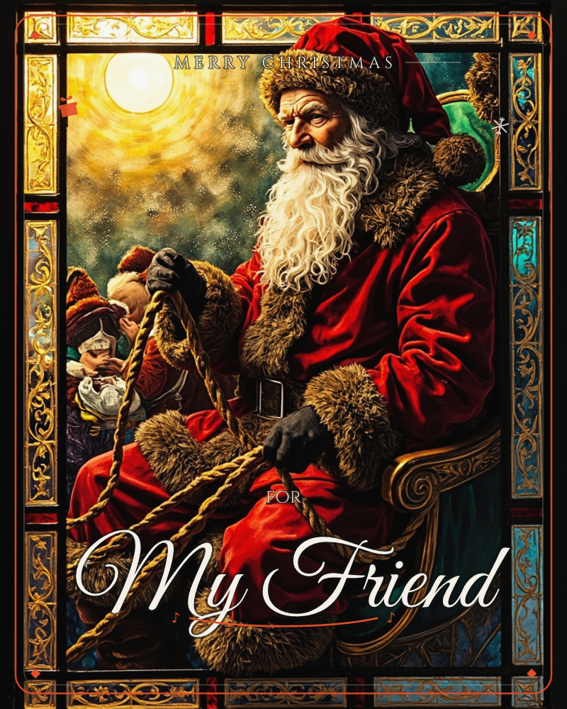 A stately illustration of Santa Claus in a fur-trimmed red coat, seated and gripping golden reins with a stern, weathered expression, framed by an…, a christmas e-card design