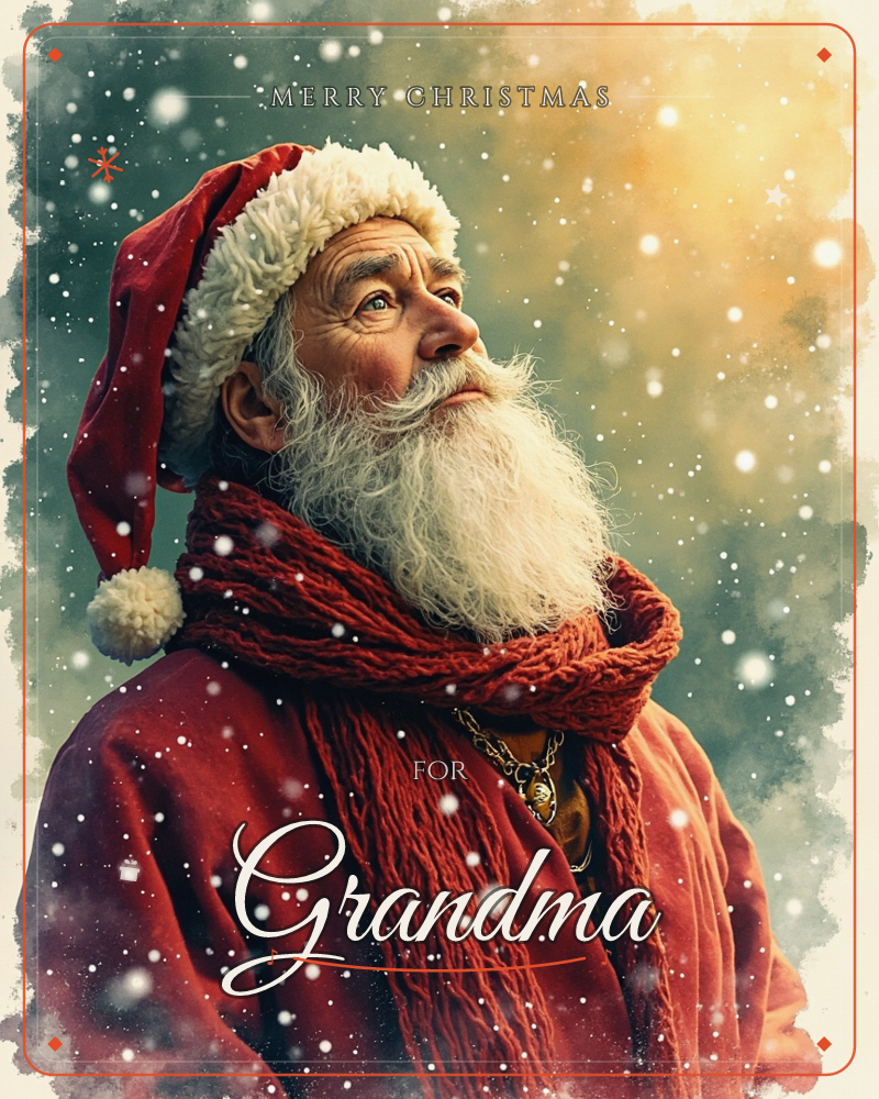 A portrait of Santa Claus in profile, his white beard and fur-trimmed red hat catching a warm golden light as snow falls around him, a christmas e-card design