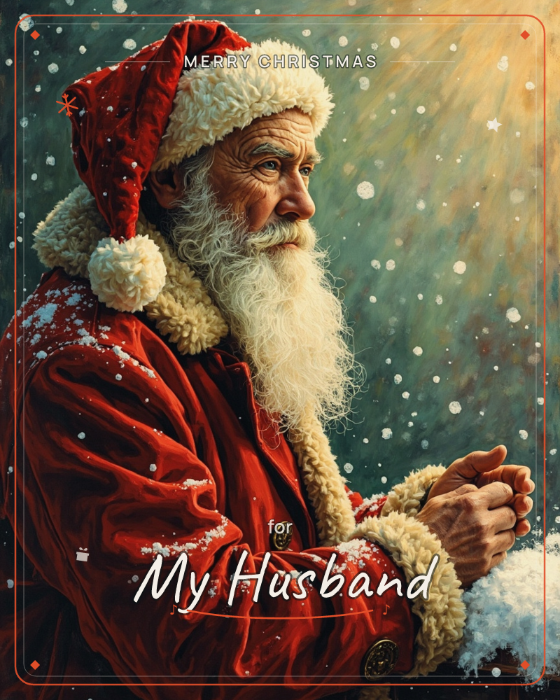 A weathered figure in a red velvet coat and fur-trimmed cap stands in falling snow, his long white beard catching flecks of it as he gazes off to the…, a christmas e-card design