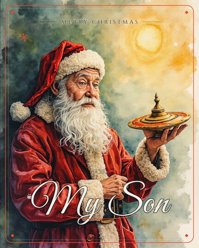 A watercolour Santa Claus stands against a smoky teal-and-gold backdrop, his red velvet coat and cream fur trim rendered in soft painterly strokes, a christmas e-card design