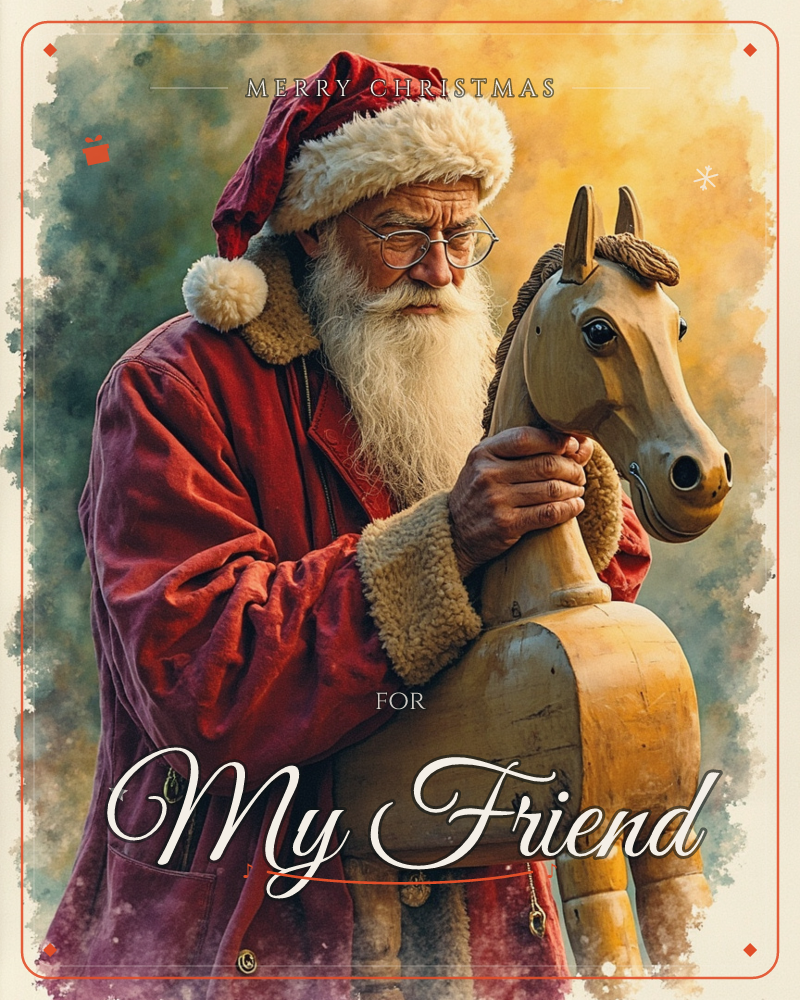 Santa Claus in a deep red fur-trimmed coat and cap leans close over a wooden rocking horse, his spectacled gaze fixed on its carved face as if checking…, a christmas e-card design