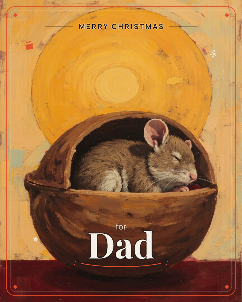 A small mouse curls up fast asleep inside a cracked-open walnut shell, its ears and whiskers soft against the wood grain, a christmas e-card design