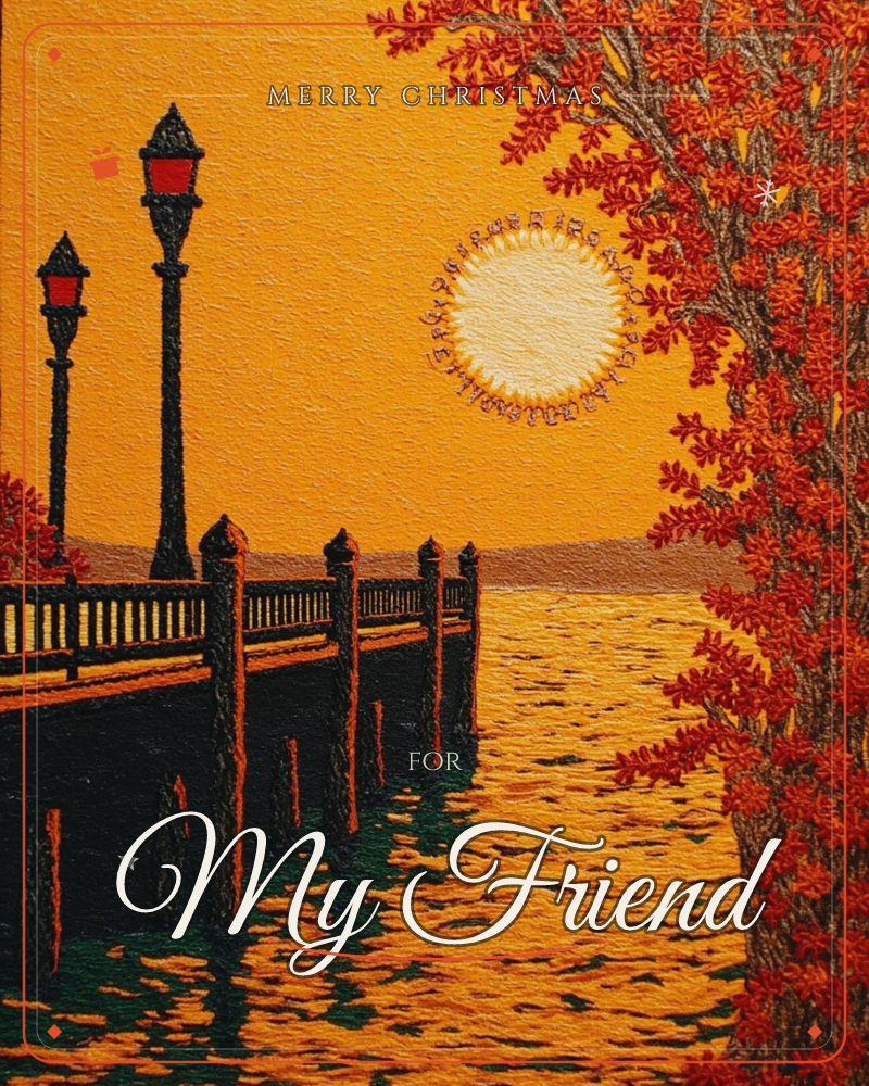 A wooden pier stretches out over glowing water beneath a bright orange sky, its old-fashioned lamp posts standing dark against the light, a christmas e-card design